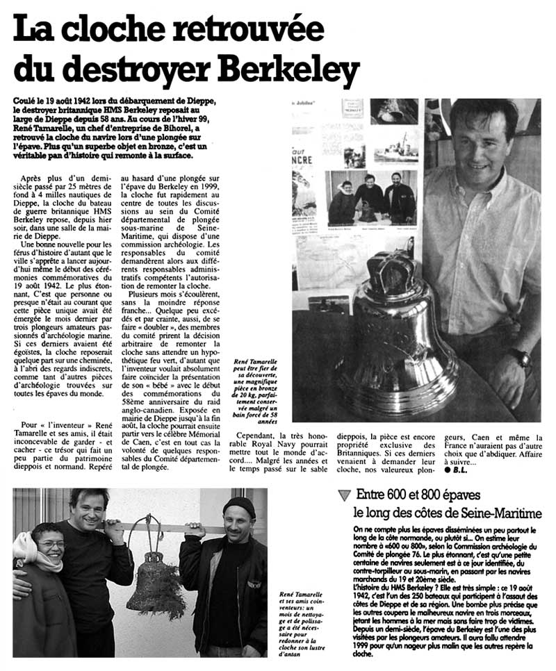 Article de presse : La cloche retrouvée du destroyer Berkeley