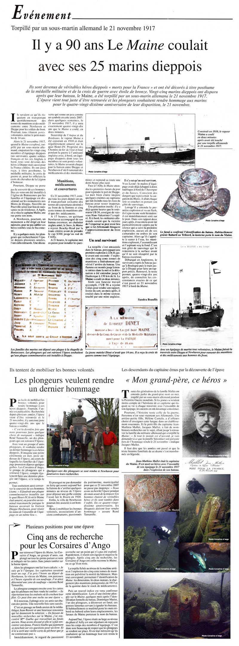 Article de presse : Il y a 90 ans le Maine coulait avec 25 marins dieppois