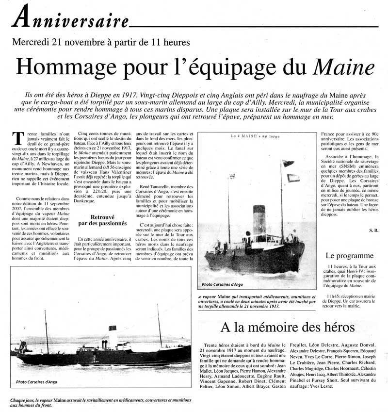 Article de presse : Hommage pour l'équipage du Maine