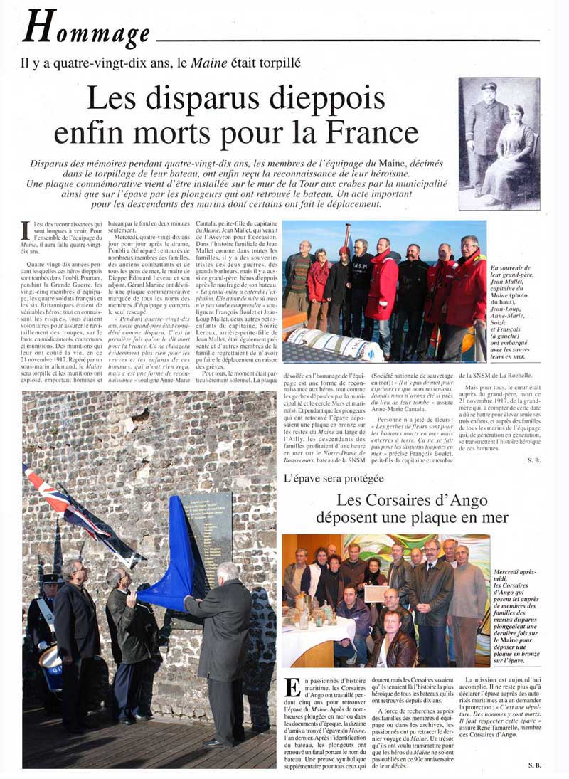 Article de presse : Les disparus dieppois enfin morts pour la France