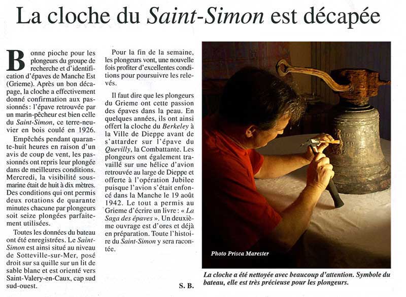 Article de presse : La cloche du Saint-Simon est décapée