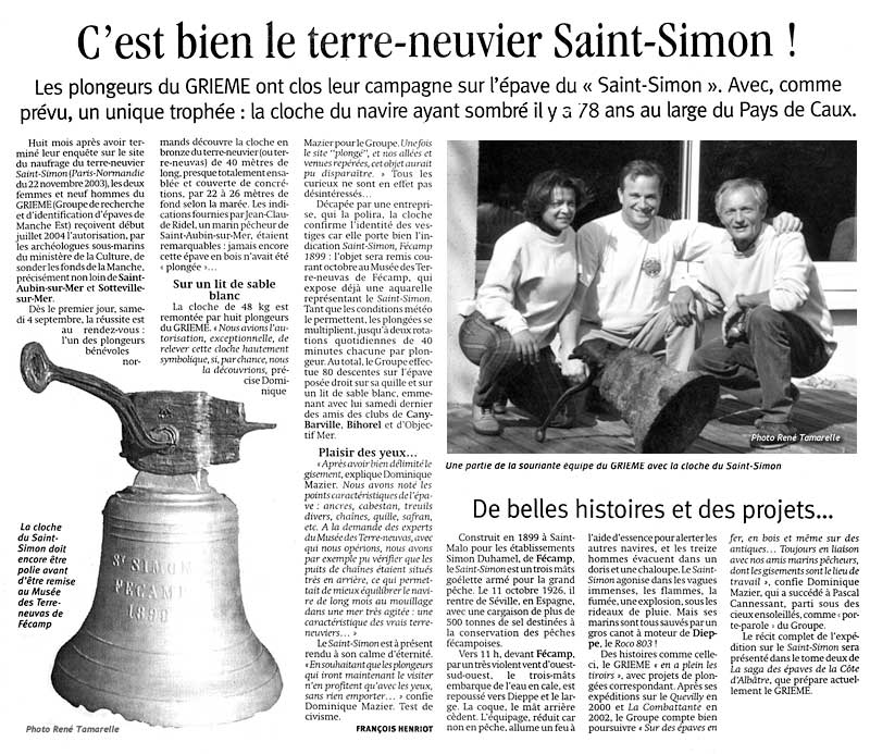 Article de presse : C'est bien le terre-neuvier Saint-Simon ! 