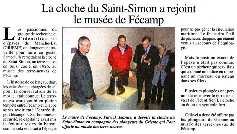 Article de presse : La cloche du Saint-Simon a rejoint le musée de Fécamp